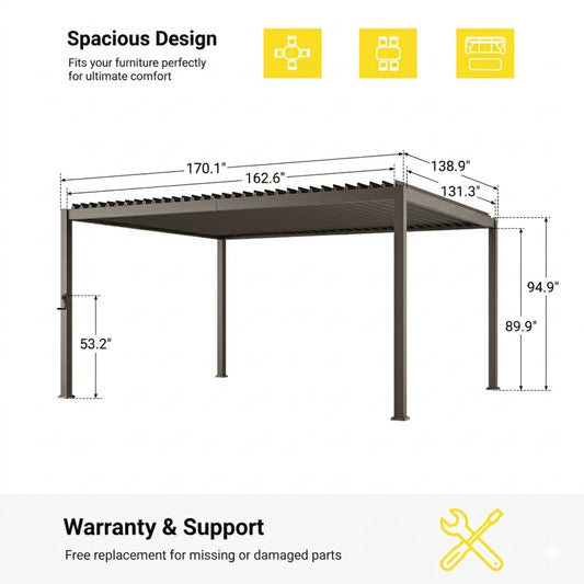 12 ft. x 14 ft. Aluminized Steel Louvered Pergola with Adjustable Roof, Dark Brown