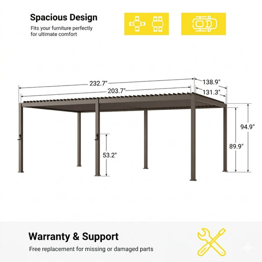 12 ft. x 20 ft. Aluminized Steel Louvered Pergola with Adjustable Roof, Dark Brown