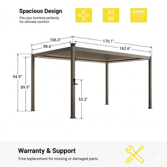 9 ft. x 14 ft. Aluminized Steel Louvered Pergola with LED Solar Lighted and Adjustable Roof, Dark Brown