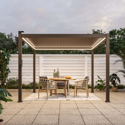 Sonkuki 10 ft. x 10 ft. Aluminized Steel Louvered Pergola with LED Solar Lighted and Adjustable Roof, Dark Brown (AS-BP-DD1010-BN-A)