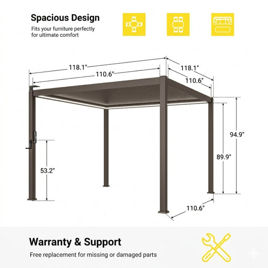 10 ft. x 10 ft. Aluminized Steel Louvered Pergola with LED Solar Lighted and Adjustable Roof, Dark Brown