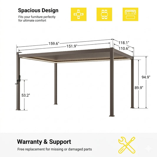 10 ft. x 13 ft. Aluminized Steel Louvered Pergola with LED Solar Lighted and Adjustable Roof, Dark Brown