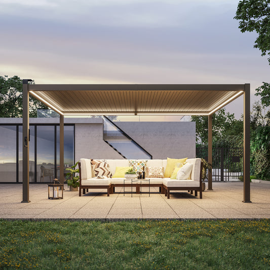 Sonkuki 12 ft. x 14 ft. Aluminized Steel Louvered Pergola with LED Solar Lighted and Adjustable Roof, Dark Brown (AS-BP-DD1214-BN-A)