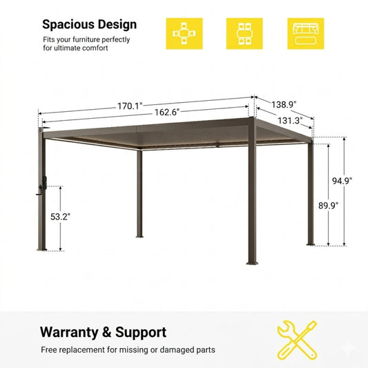 12 ft. x 14 ft. Aluminized Steel Louvered Pergola with LED Solar Lighted and Adjustable Roof, Dark Brown