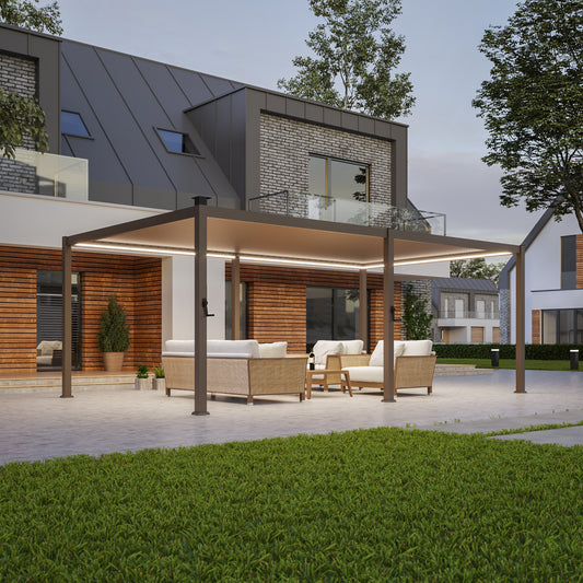 Sonkuki 12 ft. x 20 ft. Aluminized Steel Louvered Pergola with LED Solar Lighted and Adjustable Roof, Dark Brown (AS-BP-DD1220-BN-A)