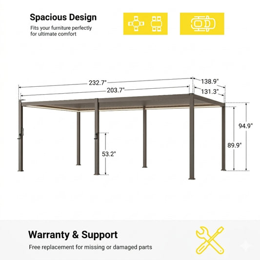 12 ft. x 20 ft. Aluminized Steel Louvered Pergola with LED Solar Lighted and Adjustable Roof, Dark Brown