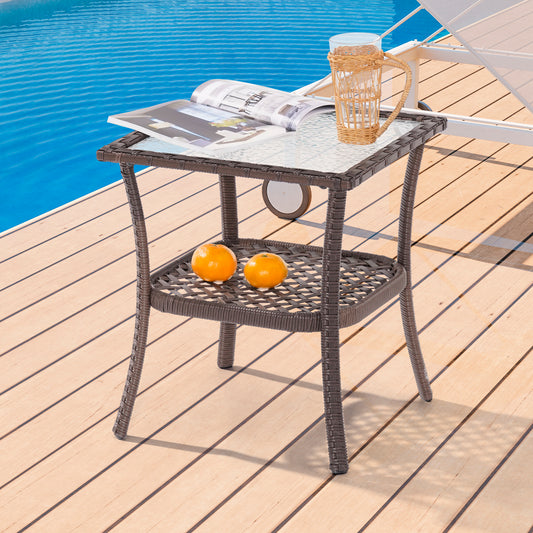 Sonkuki Patio Water Rippled Glass Side Table, Brown Rattan (AS-ET-115T2-BN)