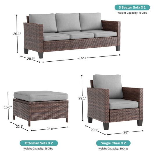 5-Piece Outdoor Patio Conversation Set with Light Gray Cushions & Brown Wicker Frame