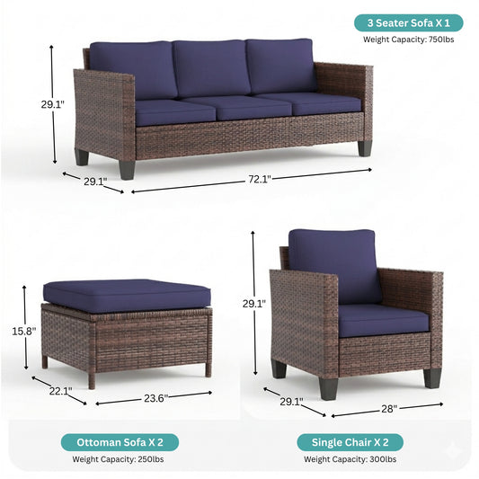 5-Piece Outdoor Patio Conversation Set with Navy Blue Cushions & Brown Wicker Frame