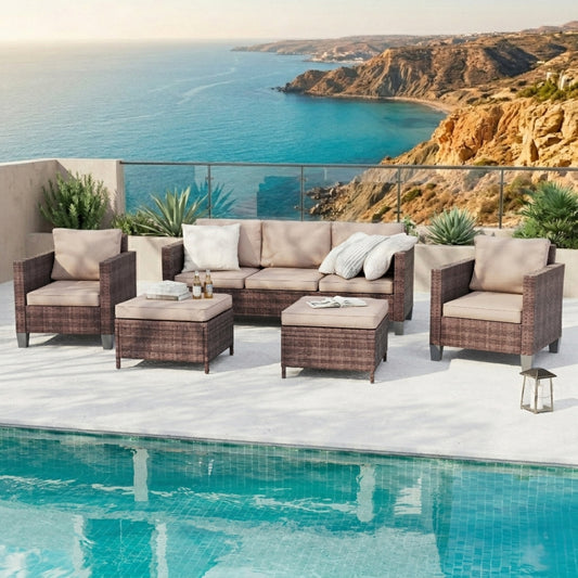 5-Piece Outdoor Patio Conversation Set with Sand Cushions & Brown Wicker Frame