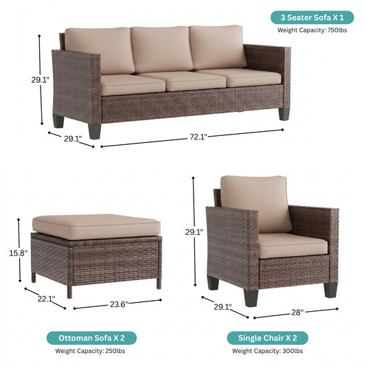 5-Piece Outdoor Patio Conversation Set with Sand Cushions & Brown Wicker Frame