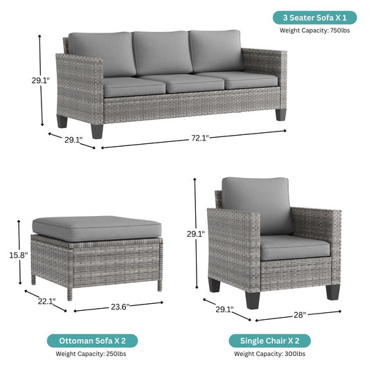 5-Piece Outdoor Patio Conversation Set with Gray Cushions & Gray Wicker Frame