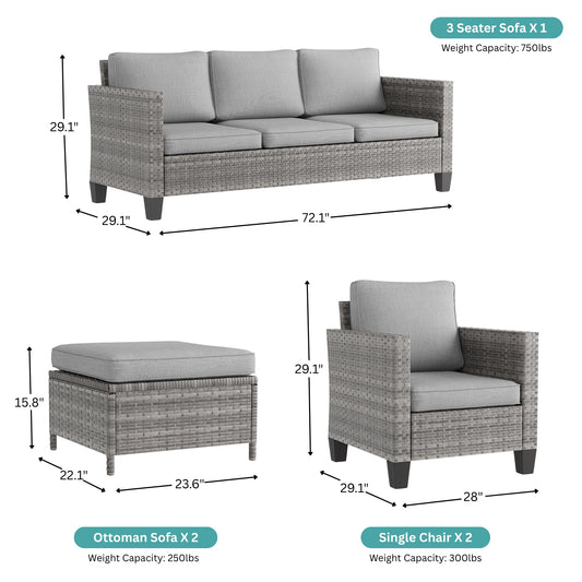 5-Piece Outdoor Patio Conversation Set with Light Gray Cushions & Gray Wicker Frame