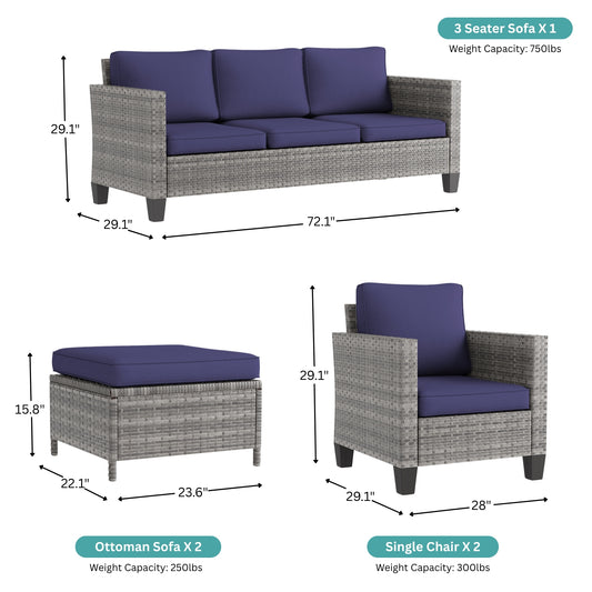 5-Piece Outdoor Patio Conversation Set with Navy Blue Cushions & Gray Wicker Frame