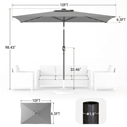 10 x 6.5FT LED Patio Market Table Umbrella, UV-Resistant Canopy and Tilt Button, Gray