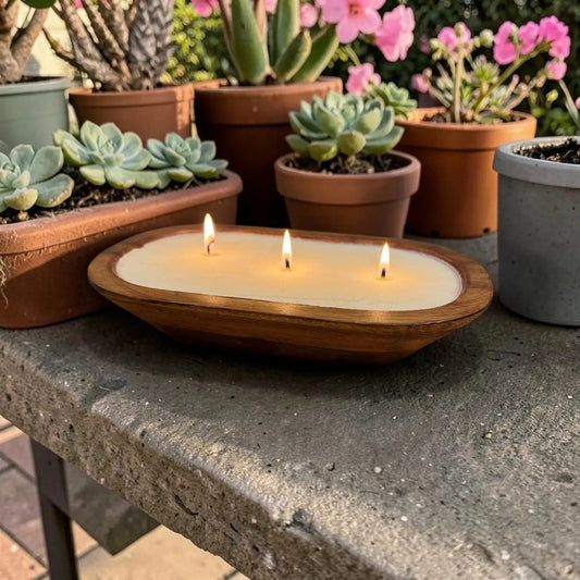 10” Mango Wood Dough Bowl Candle | Hand-Poured Soy, 3-Wick, Natural