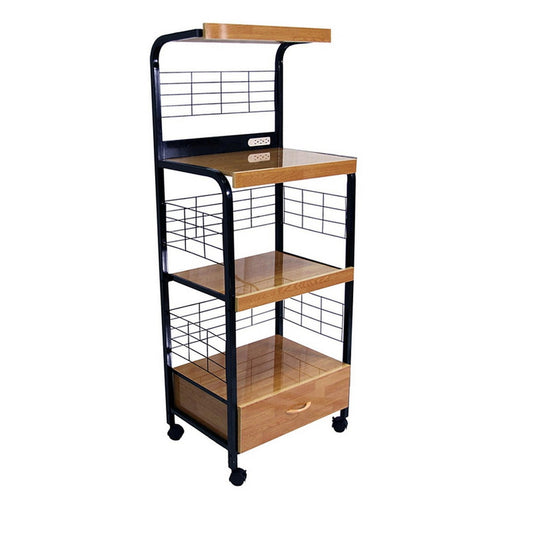 59.5" Tall 4-Tier Microwave Kitchen Cart with Drawer and Outlet, Black and Natural
