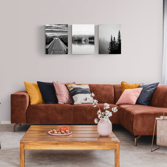 Monochrome Waterscapes - Boardwalk, Misty Pines & Stillwater Reflection Canvas Art, 15" x 20"