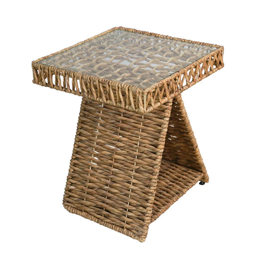 Geometric Woven Water Hyacinth End Table with Tempered Glass Top and Shelf