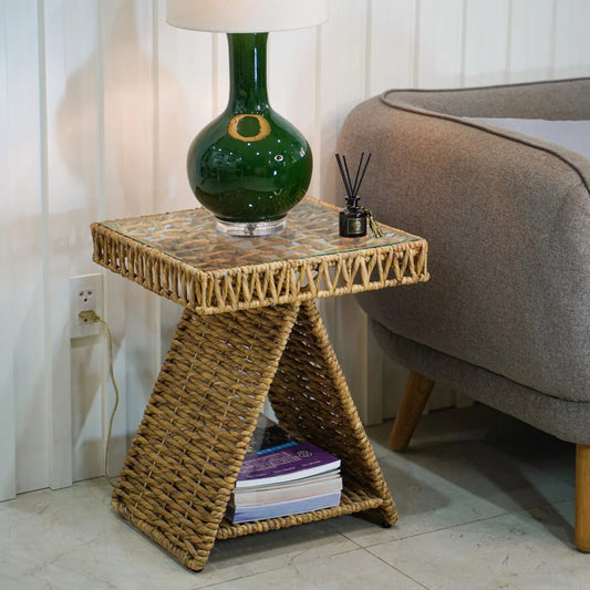 Geometric Woven Water Hyacinth End Table with Tempered Glass Top and Shelf