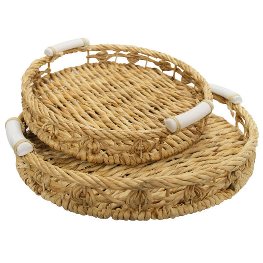 Set of 2 Twisted Water Hyacinth Round Trays with Ceramic Handles