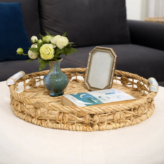 Set of 2 Twisted Water Hyacinth Round Trays with Ceramic Handles