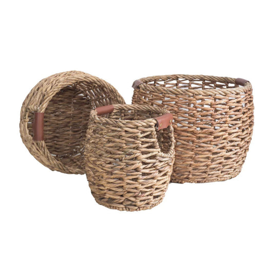Set of 3 Handwoven Round Water Hyacinth Baskets with PU Leather Handles