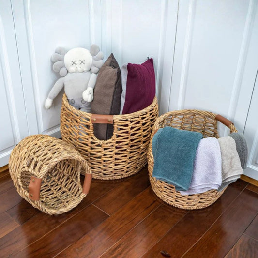 Set of 3 Handwoven Round Water Hyacinth Baskets with PU Leather Handles
