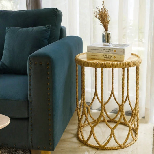 Handwoven Round Side Table with Wood Top Ð Natural Rattan Accent Table