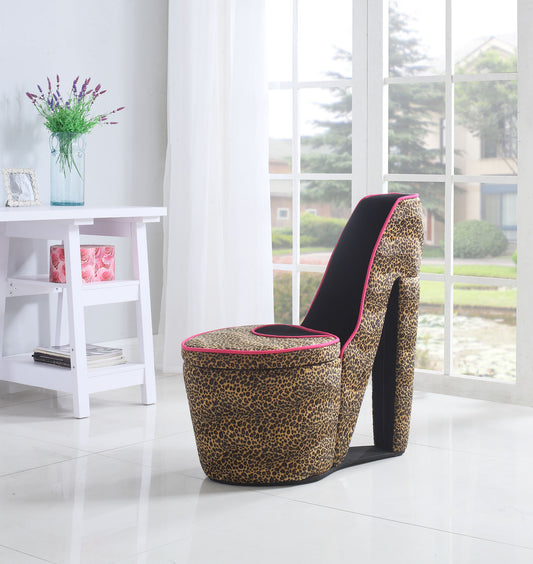 32.86" In Cheetah Print W/ Pink Trim Black Sole High Heel Storage Chair