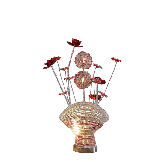 Aluminum 4 Red Roses 6 Petal Floral 2 Red/Silver Flower Bud on A Fan Aluminum Vase Table Lamp for Living Room, Nightstand Bedside Table Lamp for Bedroom, LED Lamp