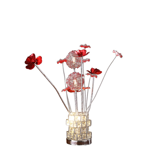 Aluminum 4 Red Roses 6 Petal Floral 2 Red/Silver Flower Bud On A 4 Squared Modern Hexagona Chrome Vase Table Lamp for Living Room, Nightstand Bedside Table Lamp for Bedroom, LED Lamp