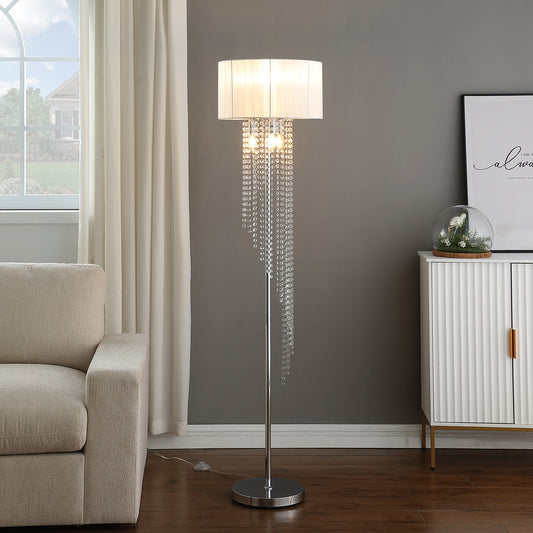 65.75"H Sheer White Drum Shade Rain Crystal Chrome Metal Floor Lamp for Living Room, Standing Lamp for Bedroom