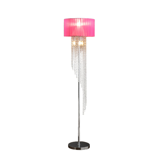 65.75"H Sheer Hot Pink Drum Shade Rain Crystal Chrome Metal Floor Lamp for Living Room, Standing Lamp for Bedroom
