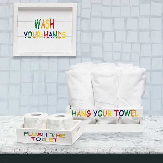 Three Piece Decorative Wood Bathroom Set, Small, Kids  (1 Towel Holder, 1 Frame, 1 Toilet Paper Holder)