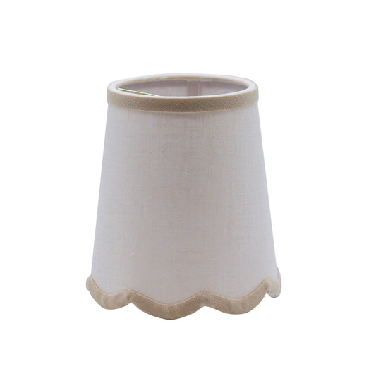 Scallop White Linen Chandelier Lampshade with Tan Trim, 4" x 5.5" x 6"
