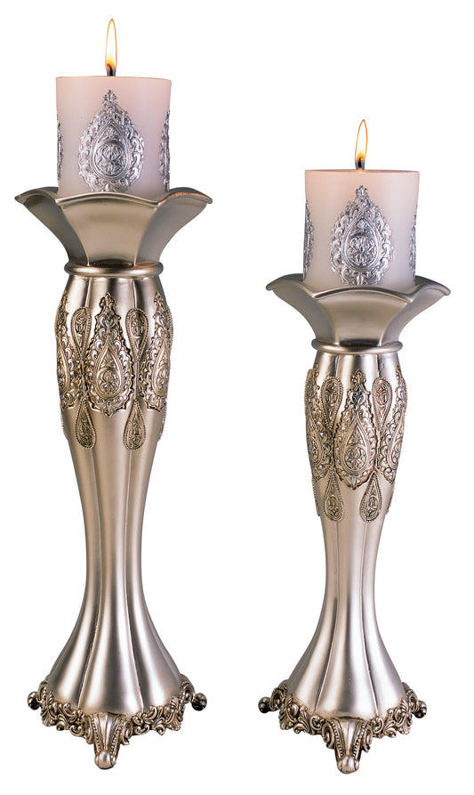 12" and 14" Tall Polyresin Candleholder, Silver Royal design (Set of 2)