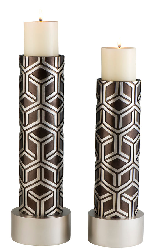 14" and 16" Tall Polyresin Candleholder, Espresso and Silver finish (Set of 2)