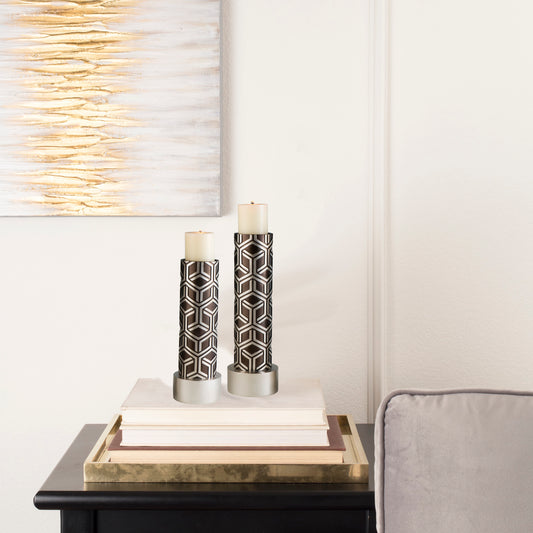 14" and 16" Tall Polyresin Candleholder, Espresso and Silver finish (Set of 2)
