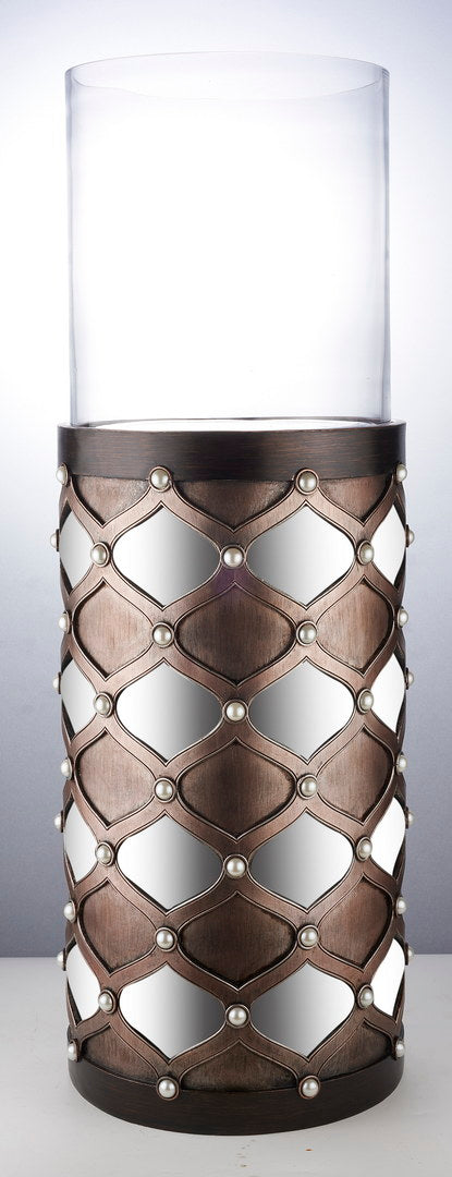 31" Tall Candleholder with Hurricane Glass, Arabesque Mirror Design