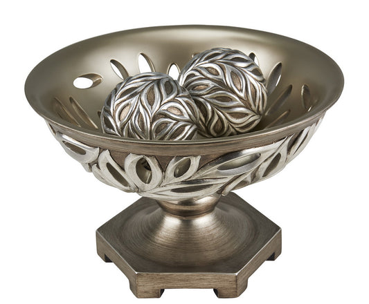 12.75" Long Polyresin Decorative Bowl "Kiara", Silver Peacock Feathers Design