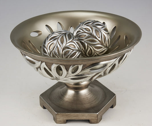 12.75" Long Polyresin Decorative Bowl "Kiara", Silver Peacock Feathers Design