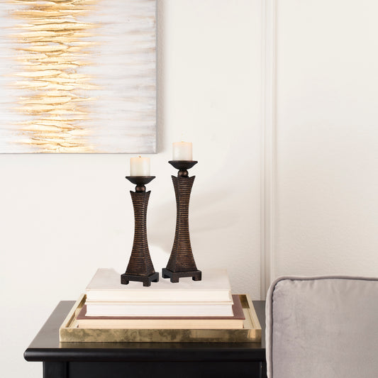 15.75" and 17.5" Tall "Kayan" Candleholder, Bronze Rustic finish (Set of 2)