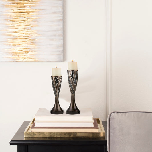 12" and 14" Tall" Lelei" Candleholder, Silvery and Bronze finish (Set of 2)