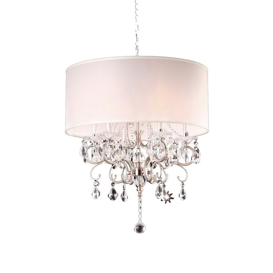 21" Tall Metal Chandelier with Silver finish, White Shade with Crystal Accents