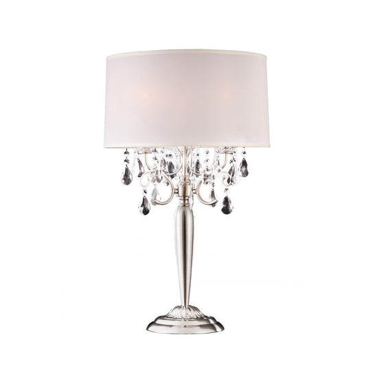 29.5" Tall Metal Table Lamp w/ Silver finish and Crystal Accents, Ivory Shade