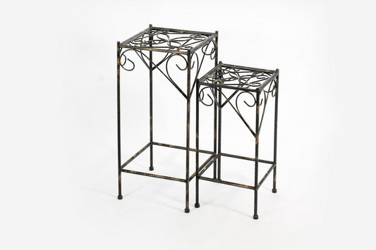 21.06", 26.18" Celtic Clover Square Black / Gold Cast Metal Plant Stand Set of 2