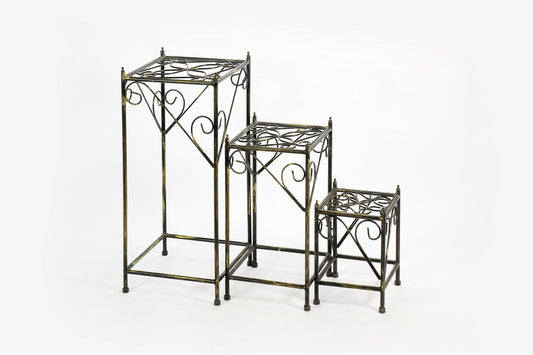 13", 20.5", 28" Square Black / Gold Cast Metal Plant Stand Set of 3
