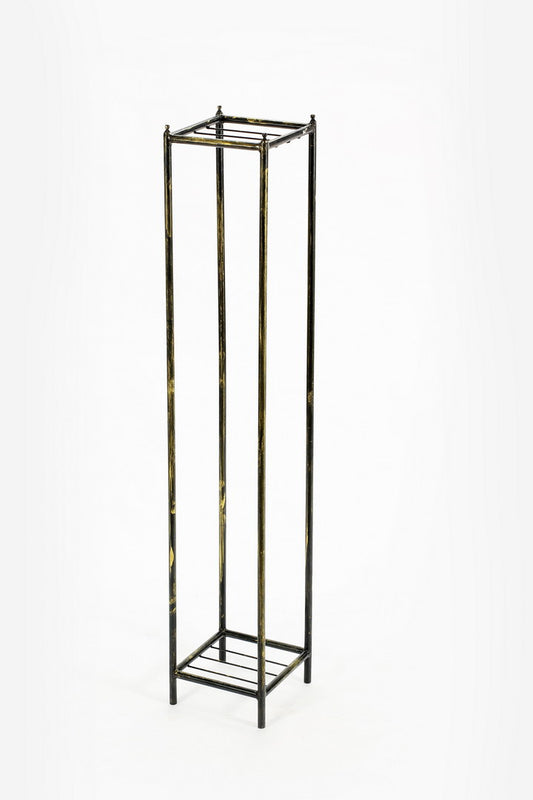40" H Gray Stone Slab 2 Tier Large Square Black / Gold Cast Metal Plant Stand