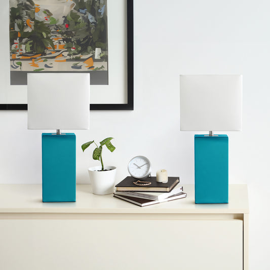 Lalia Home Lexington 21_ 2-Pack Leather Base Modern Home DŽcor Bedside Table Lamp Set for Living Room, Bedroom, Entryway, Foyer, or Office with White Rectangular Fabric Shade, Teal